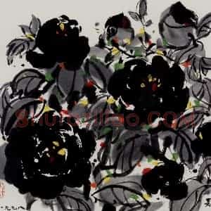1998年 吴冠中《黑牡丹》国画花鸟写意作品图片赏析