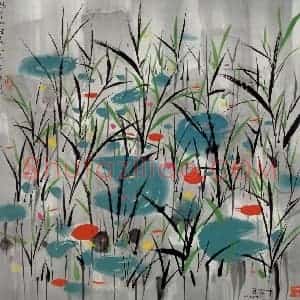 1999年 吴冠中《野草池塘》国画花鸟写意作品图片赏析