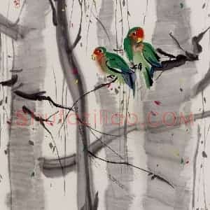 1999年 吴冠中《枝头鸟》国画花鸟写意作品图片赏析