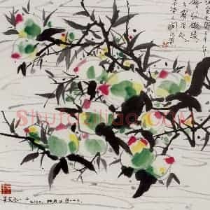 2000年 吴冠中《桃》国画花鸟写意作品图片赏析