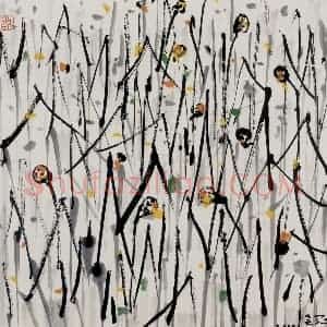 2000年 吴冠中《莲》国画花鸟写意作品图片赏析