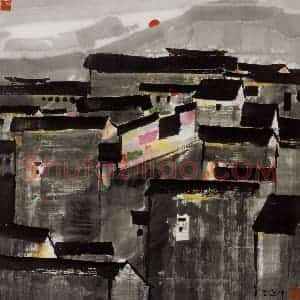 2001年 吴冠中《残阳如血》国画山水写意作品图片赏析