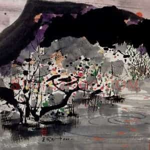 2001年 吴冠中《夕阳山外山》国画山水写意作品图片赏析