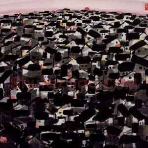 2002年 吴冠中《残阳如血》国画山水写意作品图片赏析