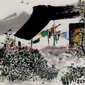 2002年 吴冠中《农家院》国画山水写意作品图片赏析