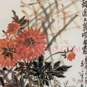 1972年 吴茀之《篱边大丽灿若霞》国画花鸟作品图片赏析