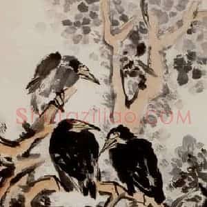 1941年 吴茀之《古柏西鸦》国画花鸟作品图片赏析