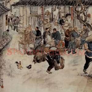 1950年 吴茀之《锣鼓声中送公粮》国画人物作品图片赏析
