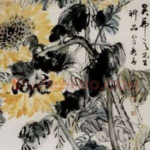 吴茀之《向日葵鸡》国画花鸟作品图片赏析