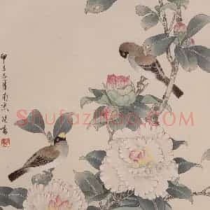 1984年 喻继高《茶花春禽》国画花鸟工笔作品图片赏析