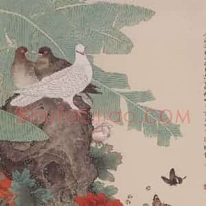 1996年 喻继高《鸽赞牡丹春》国画花鸟工笔作品图片赏析