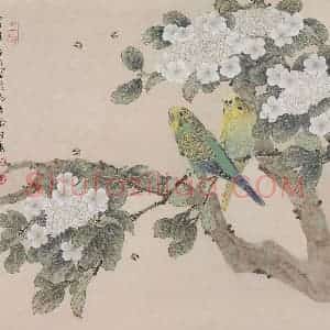 1996年 喻继高《琼花交凤》国画花鸟工笔作品图片赏析