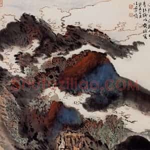 1983年 陆俨少《重楼听瀑图》国画山水作品图片赏析
