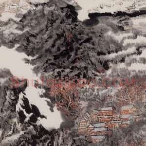 1992年 陆俨少《暮夜投宿图》国画山水作品图片赏析