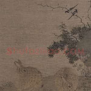 宋代 李永《喜鹊野兔图》国画花鸟工笔作品图片赏析