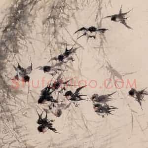 1958年 蔡鹤洲《欢燕拂柳》国画花鸟作品图片赏析