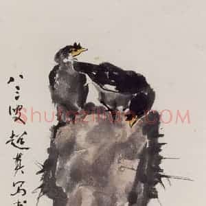 1993年 彭友善《八哥水仙》国画花鸟作品图片赏析