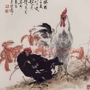 1993年 彭友善《双鸡》国画花鸟作品图片赏析