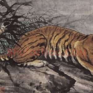 1974年 彭友善《月夜虎啸》国画综合作品图片赏析