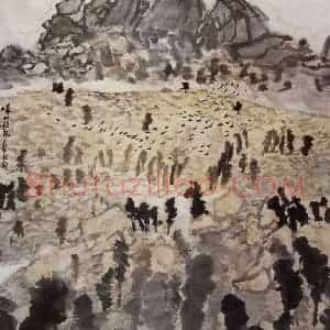 1989年 童中焘《峄山秋风》国画山水作品图片赏析