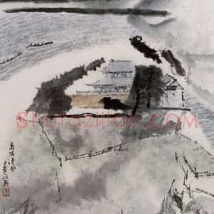 1993年 童中焘《烟雨楼》国画山水作品图片赏析
