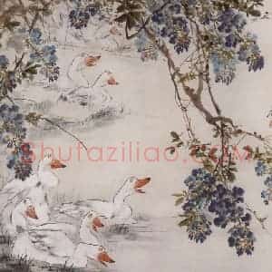 约1965年 王雪涛《春池鸭沐》国画花鸟作品图片赏析