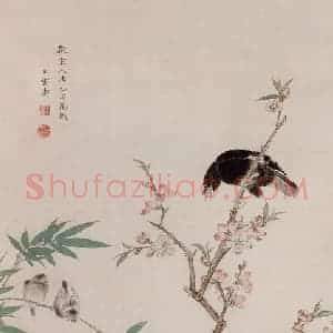 1935年 王雪涛《拟宋人竹桃鸲鹆》国画花鸟作品图片赏析