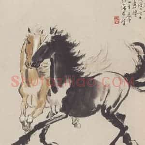 1945年 徐悲鸿《双马图》国画综合作品图片赏析
