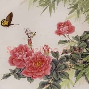 1981年 金鸿钧《月季双蝶》国画花鸟作品图片赏析