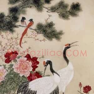1984年 金鸿钧《松鹤牡丹》国画花鸟作品图片赏析