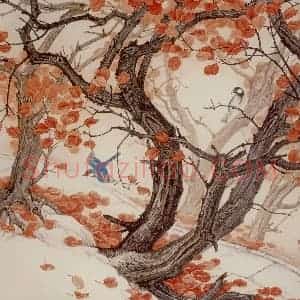 1986年 金鸿钧《红满香山路》国画花鸟作品图片赏析
