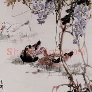 王雪涛《紫藤三鸭图》国画花鸟作品图片赏析