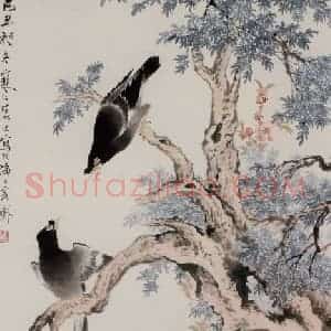 江寒汀《桃花八哥》国画花鸟作品图片赏析