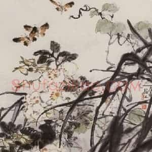 1980年 朱颖人《花开时节引蝶飞来》国画花鸟作品图片赏析