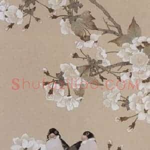1959年 陈之佛《樱花小鸟》国画花鸟作品图片赏析