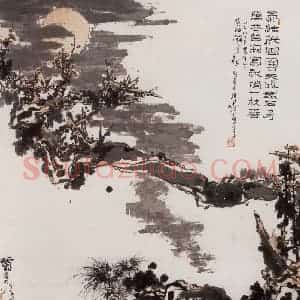 1966年 潘天寿《梅月图》国画花鸟作品图片赏析