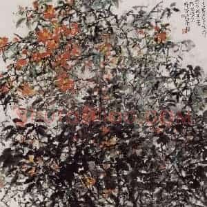 2001年 何水法《灼灼红芳》国画花鸟作品图片赏析
