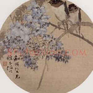 约19世纪70年代初期 任伯年《紫藤双燕》国画花鸟作品图片赏析