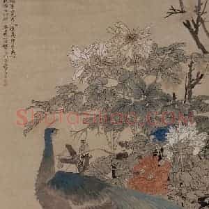 1867年 任伯年《孔雀牡丹图》国画花鸟作品图片赏析