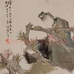 1878年 任伯年《桃花鸟石图》国画花鸟作品图片赏析