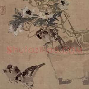 1879年 任伯年《三雀图-镜心》国画花鸟作品图片赏析