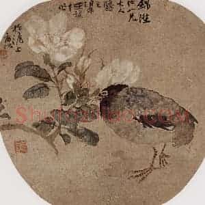 约19世纪70年代中期 任伯年《小鸡栀子》国画花鸟作品图片赏析