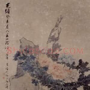 1883年 任伯年《牡丹双鸡图》国画花鸟写意作品图片赏析