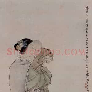 1882年 任伯年《仕女戏婴图》国画人物写意作品图片赏析