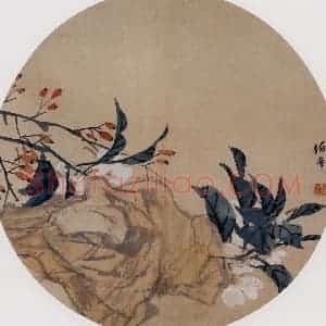 清代 任伯年《文石秋花图》国画花鸟作品图片赏析