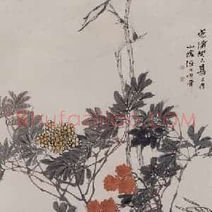 1893年 任伯年《双猫花卉图》国画花鸟写意作品图片赏析