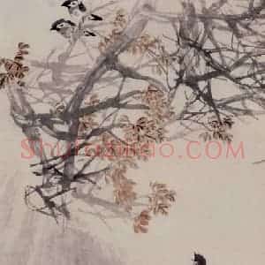 1891年 任伯年《红枫鸣雀图》国画花鸟写意作品图片赏析