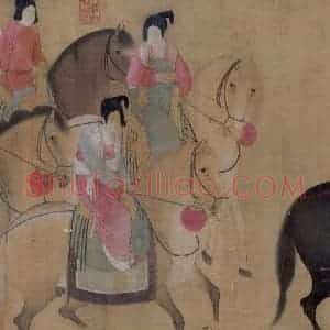 宋代 赵佶（传）《摹张萱虢国夫人游春图》国画综合作品图片赏析