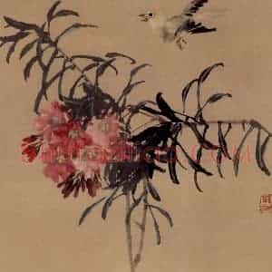 50年代 蒋凤白《竹桃小鸟》国画花鸟作品图片赏析