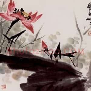 80年代 蒋凤白《映日荷花》国画花鸟作品图片赏析